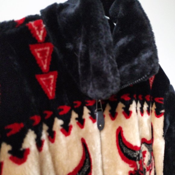 Sherpa Fleece Tribal Jacket Native American Faux Mouton Fur Zip Vintage Fleece - Picture 9 of 9